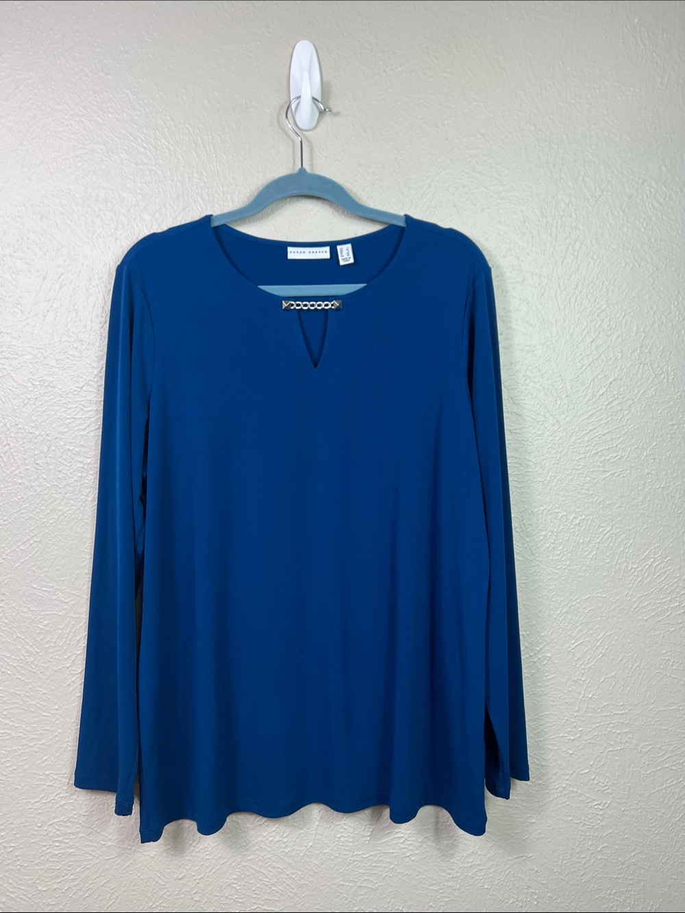 Susan Graver Liquid Knit Teal Blue Long Sleeve Chain Neck Detail Top Large
